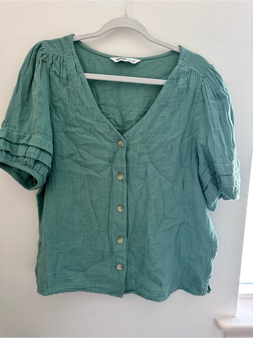Sonoma Seafoam Green Button-Front Puff Sleeve Blouse